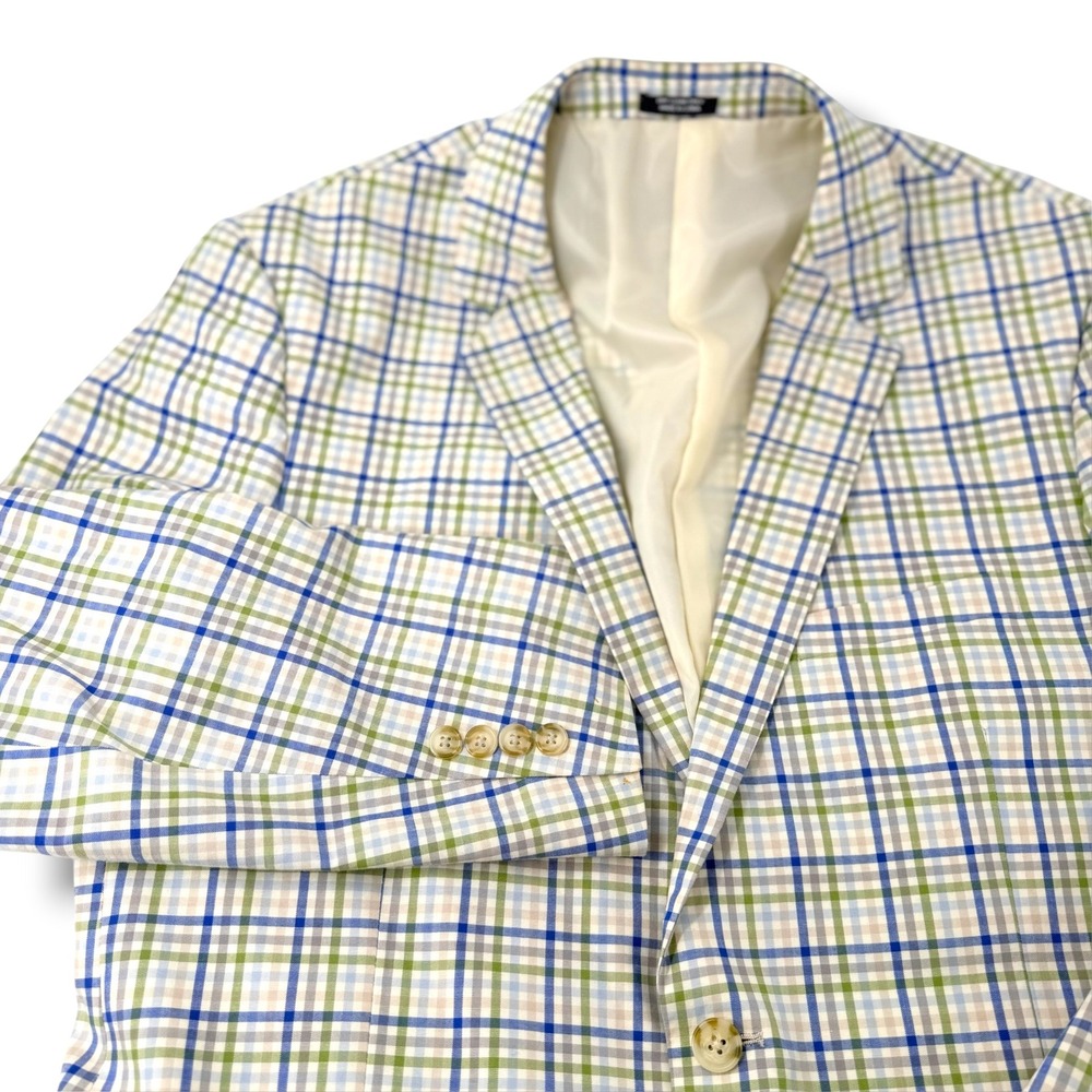 Saddlebred Mens Blue Green Plaid Blazer Sport Coat Two Button Jacket 42L Preppy